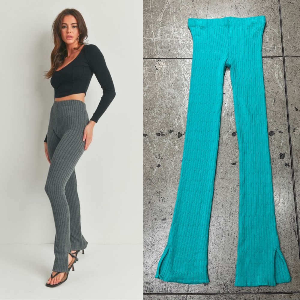 428B-TURQUOISE. Knit Slit Hem Leggings